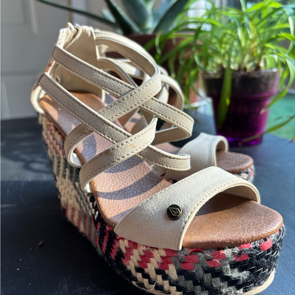 Volcom Beige and Multicolor Wedge Sandals